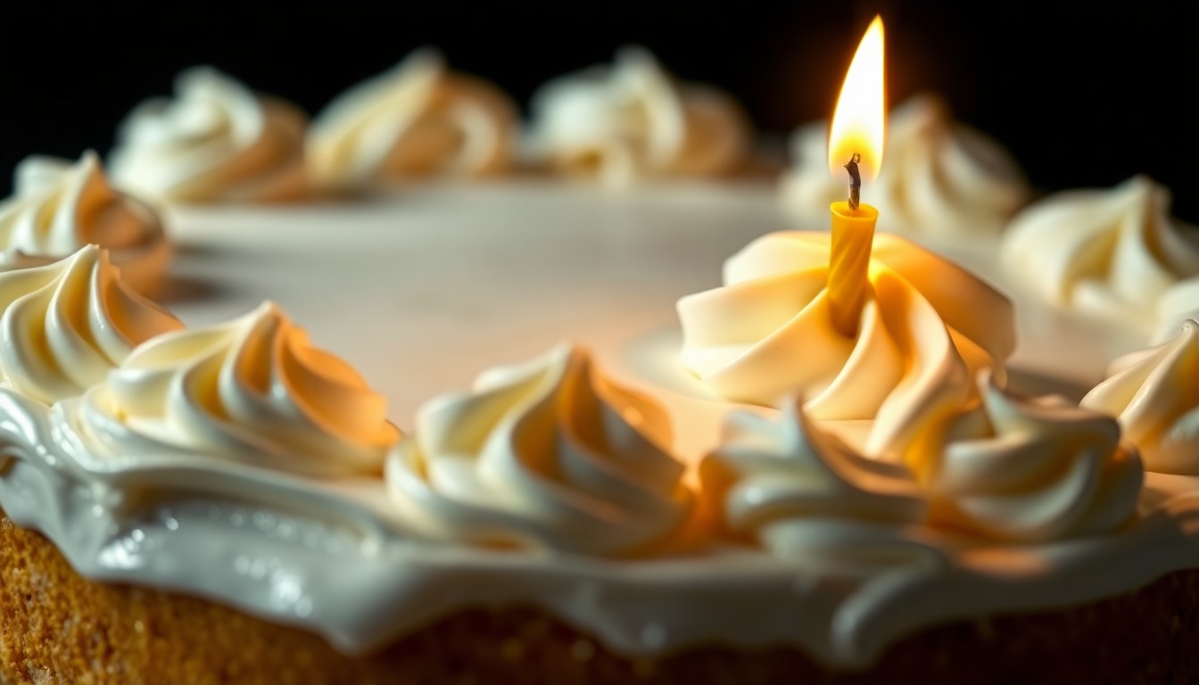An extreme close-up photograph of a birthday cake with white icing and a single gold candle, shot in dramatic high-contrast studio lighting to create a glitzy, high-fashion aesthetic.
