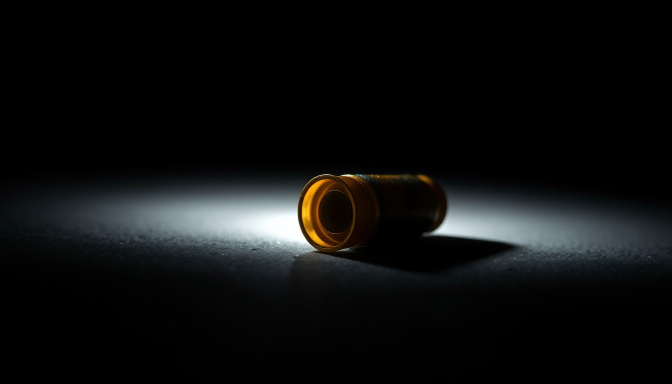 An extreme close-up photograph of a single spent shell casing on a dark surface, lit by a harsh, direct camera flash to create a gritty, investigative aesthetic without any text or symbols.