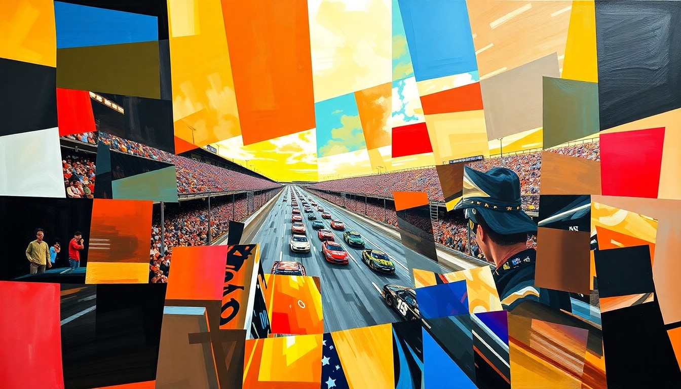 A cubist, geometric painting depicting a fractured, multi-angle view of a NASCAR race at Bristol Motor Speedway, with sharp planes of color representing the high-intensity action on the track.