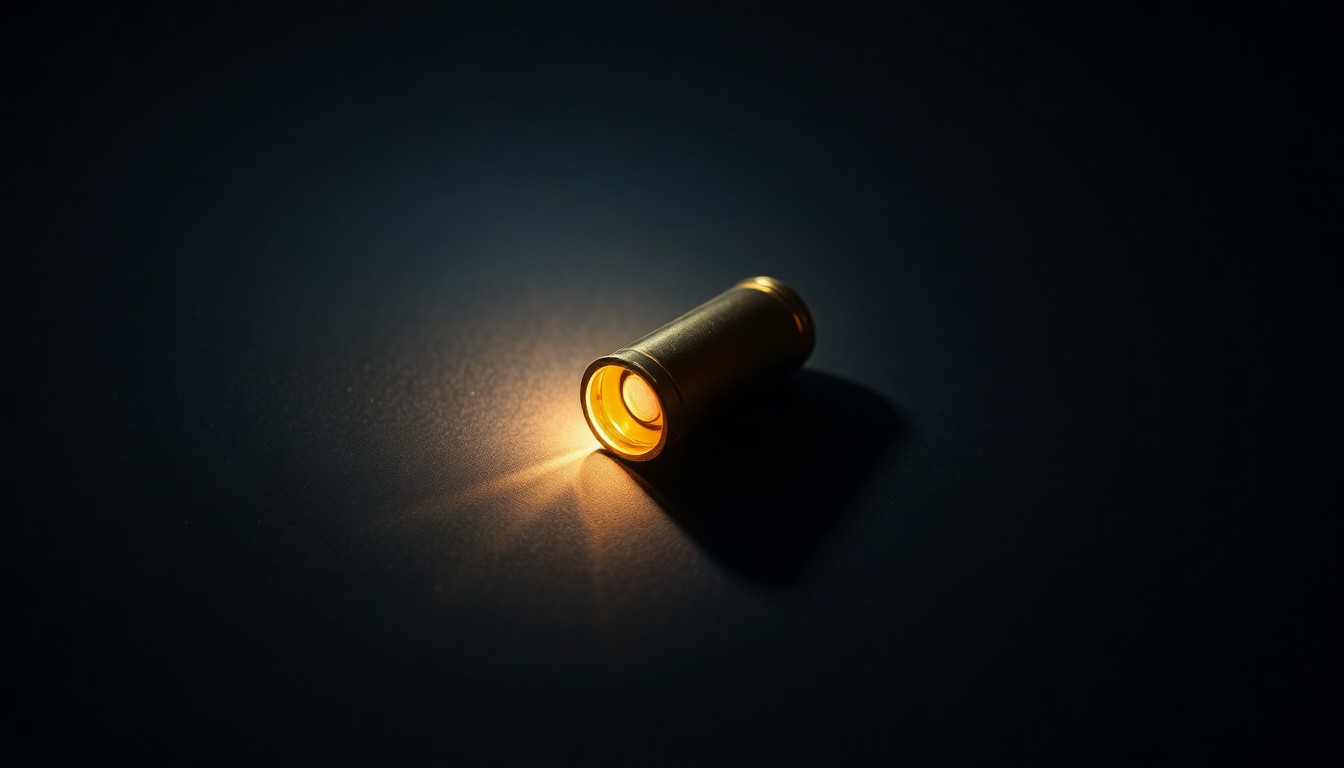 An extreme close-up of a single bullet casing on a dark surface, lit by a harsh, direct camera flash, conceptually representing the violence of the crime without depicting any actual victims or weapons.