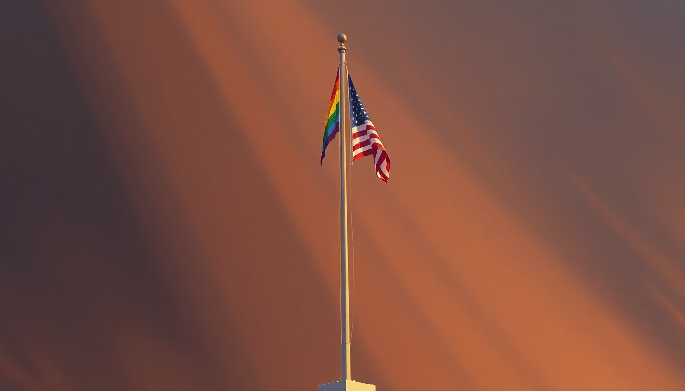 A cinematic painting of the Stonewall National Monument flagpole with the Rainbow Flag and American Flag blowing in the wind, capturing the complex emotions surrounding the flag's placement at this historic site.