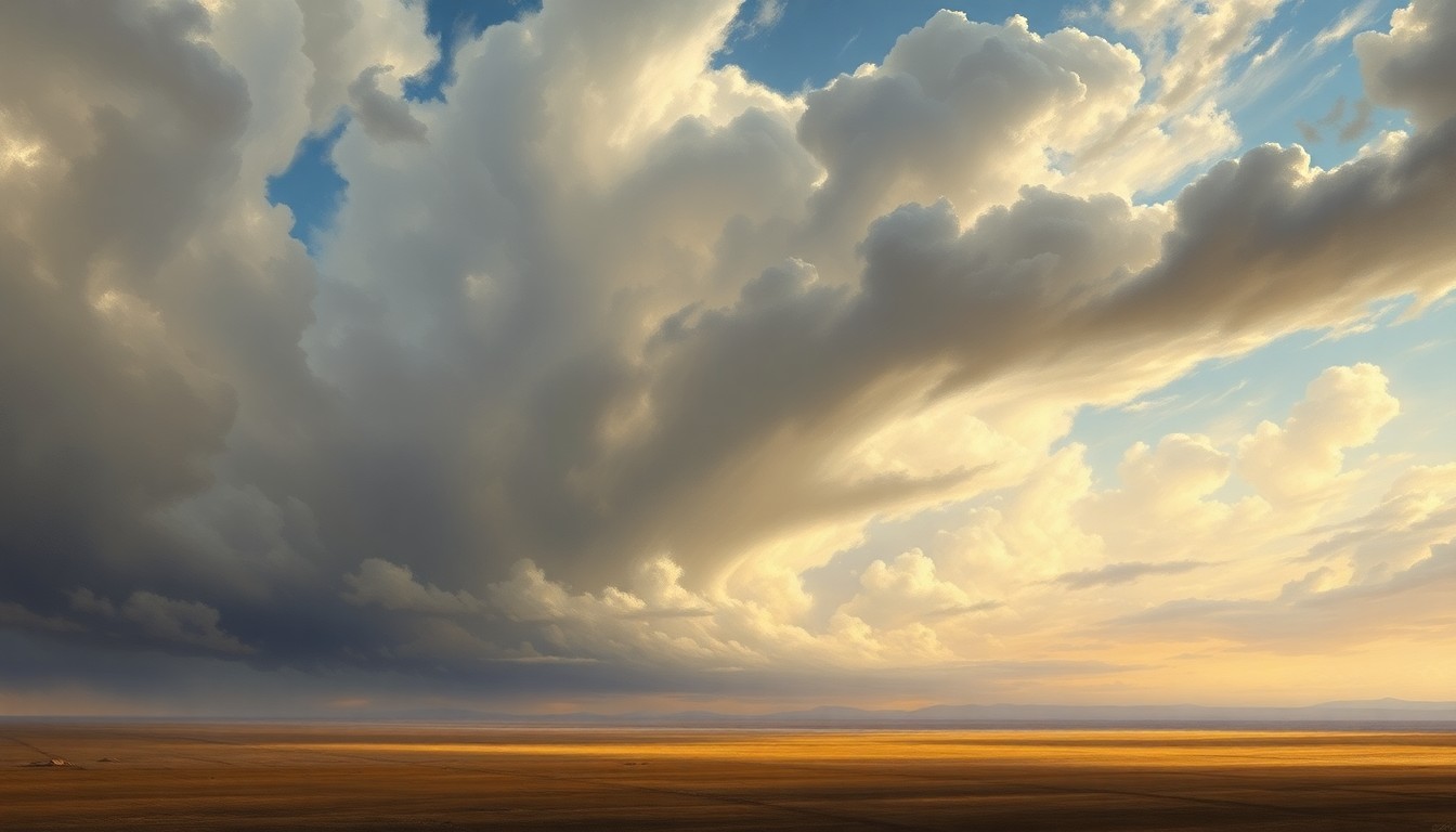 A vast, majestic landscape painting in muted tones of gray, blue, and white, depicting a dramatic, stormy sky dominating the composition and dwarfing any physical structures or objects on the horizon.