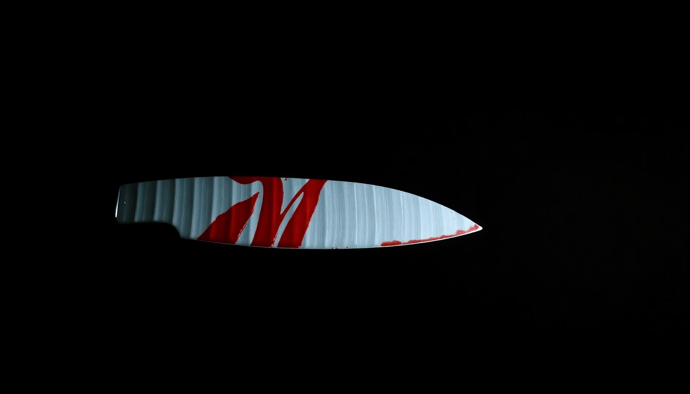 An extreme close-up of a single bloodied knife blade, reflecting a harsh flash of light against a dark background, conceptually illustrating the tragic violence of this crime.