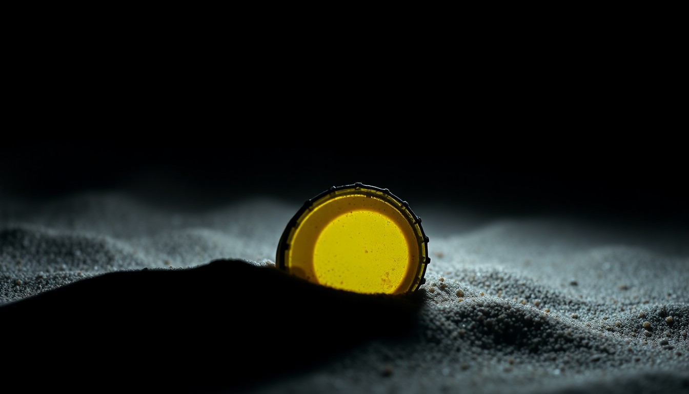 An extreme close-up of a discarded beer bottle cap lying on the sand, reflecting the harsh light of a camera flash and conveying the gritty aftermath of unsanctioned beach gatherings.