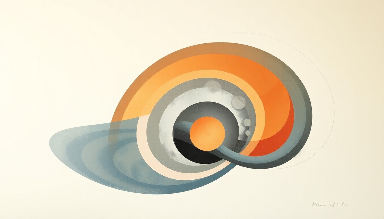 A highly structured abstract painting in soft colors depicting intersecting geometric shapes and flowing organic forms, conceptually representing the complex scientific forces and adaptive technology within a running shoe midsole.