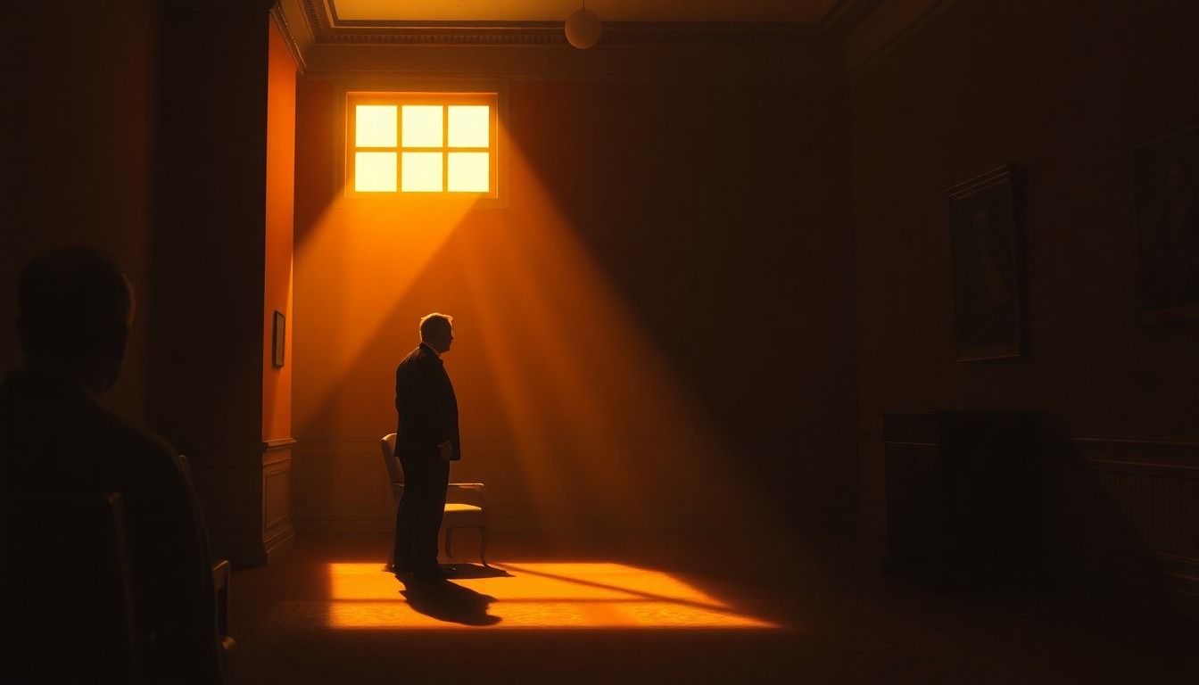 A dimly lit, cinematic painting of a solitary political figure sitting at a desk in a government office, with warm sunlight streaming in through a window and casting deep shadows across the room, conceptually representing the contemplative and serious nature of the political issues discussed.