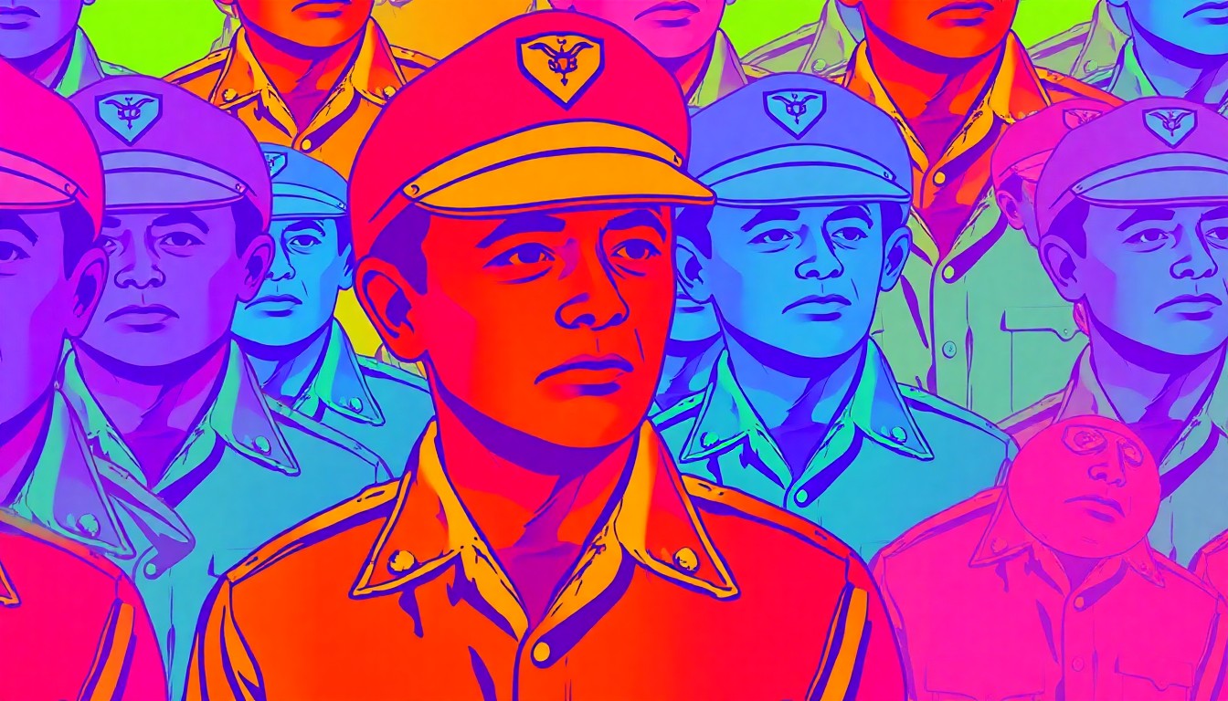 A brightly colored, high-contrast silkscreen print of a military uniform in shades of olive green, red, and blue, repeated in a grid pattern to create a bold, pop art-inspired illustration representing the honor and recognition given to a Vietnam veteran teacher.