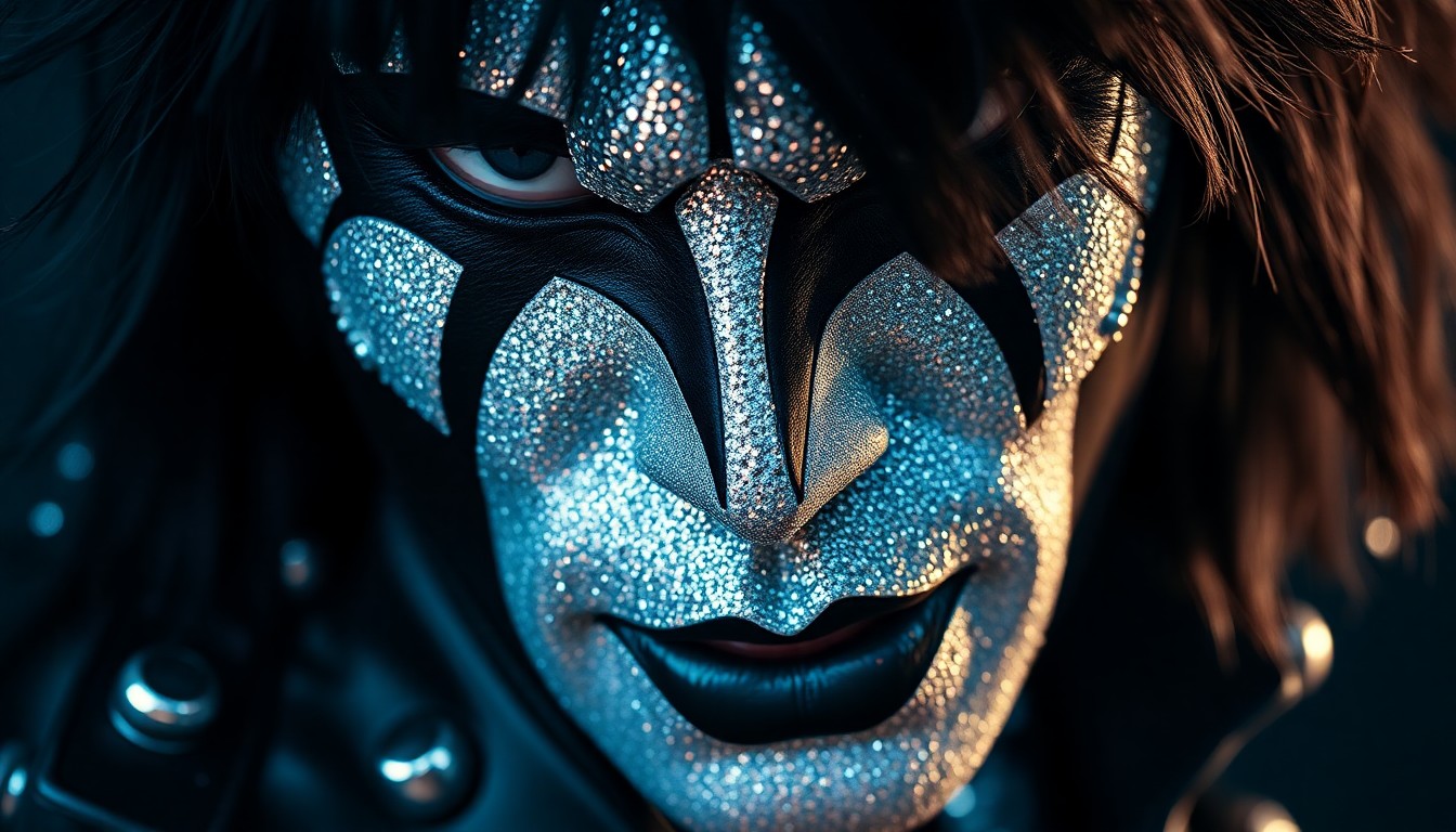 An extreme close-up photograph of shimmering silver KISS-themed stage makeup and costume textures, including metallic studs and black leather, captured in dramatic high-contrast studio lighting to create a glamorous, high-fashion aesthetic.