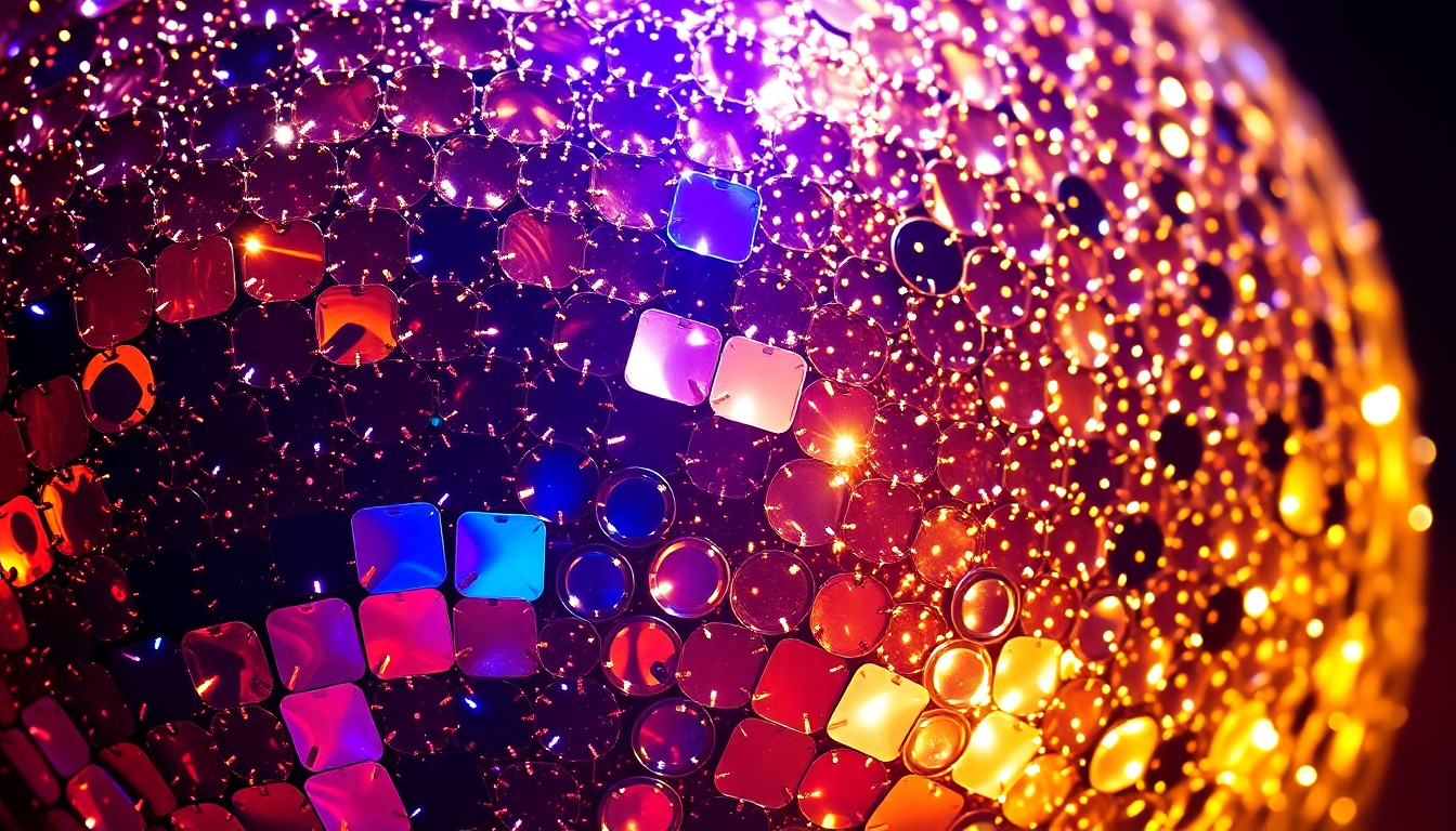 An abstract close-up photograph featuring shimmering sequins and sparkling disco ball fragments illuminated by dramatic studio lighting, conveying the glamour and excitement of a celebrity music performance.