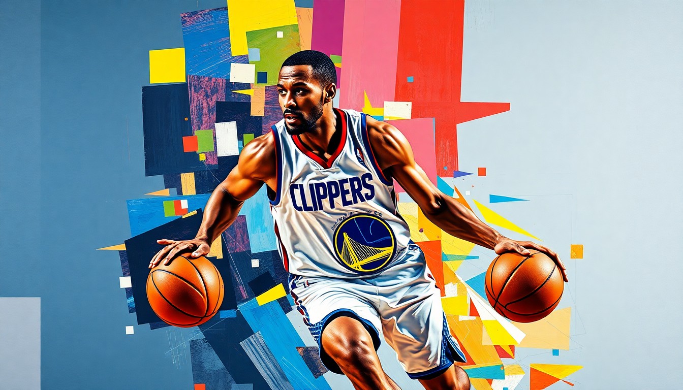 A fragmented, geometric painting depicting a basketball player in motion, with sharp planes of color representing the uniforms of the Clippers and Warriors, conveying the uncertainty and transition surrounding the Clippers roster.
