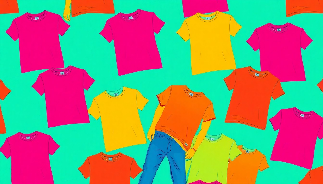 A vibrant, high-contrast silkscreen print of an Abercrombie & Fitch clothing item, such as a t-shirt or pair of jeans, repeated in a grid pattern, capturing the pop art spirit of the brand's current sale.