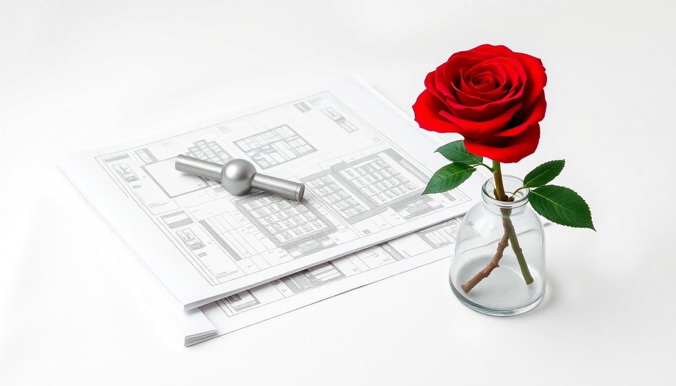 A minimalist studio still life featuring architectural blueprints, a metal paperweight, and a single red rose, representing the intersection of urban renewal, institutional investment, and community vibrancy in downtown Baltimore.