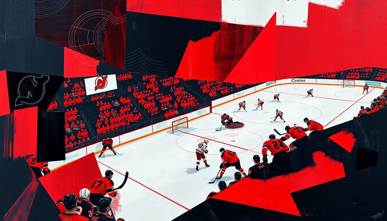 A cubist, geometric painting in red, black, and white, depicting a hockey game broken down into sharp, overlapping planes, conceptually representing the analytical approach of the Devils' new GM.