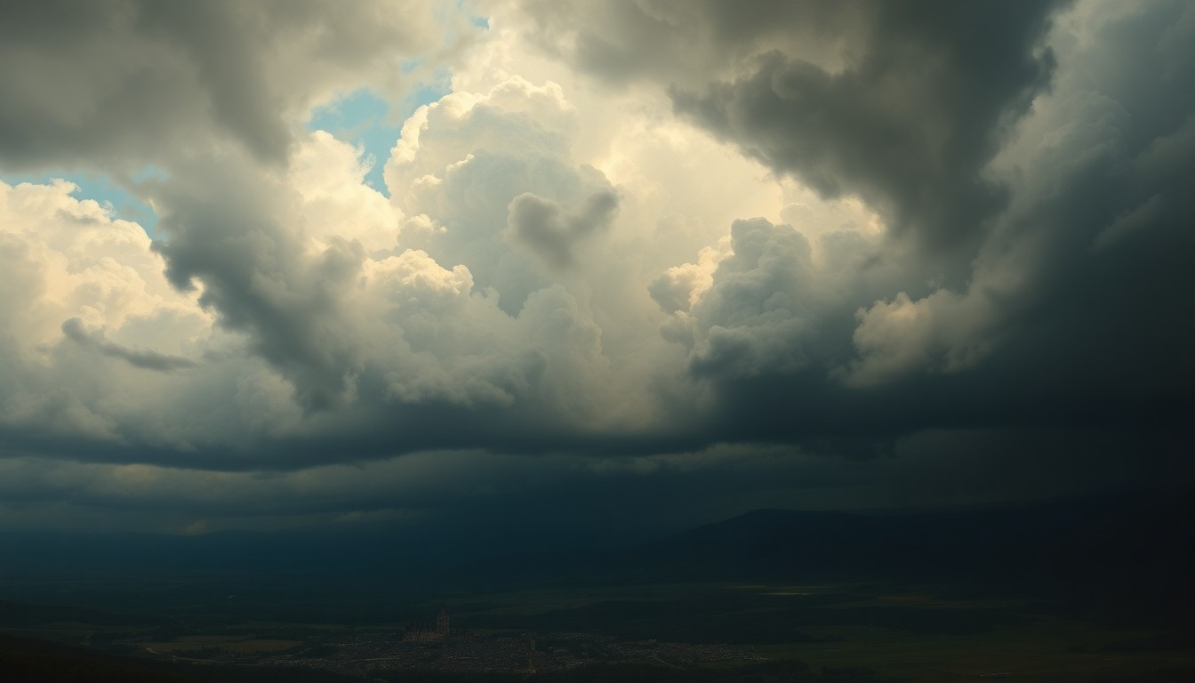 A sweeping, atmospheric landscape painting in muted tones of grey, blue, and green, with a small town or city partially obscured by dramatic, swirling clouds and heavy rain. The scene conveys the overwhelming power of nature and the need for robust emergency preparedness.