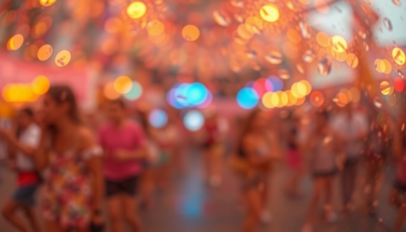 An abstract, impressionistic scene of blurred, vibrant colors and soft lighting, conveying the celebratory atmosphere of an arts festival.