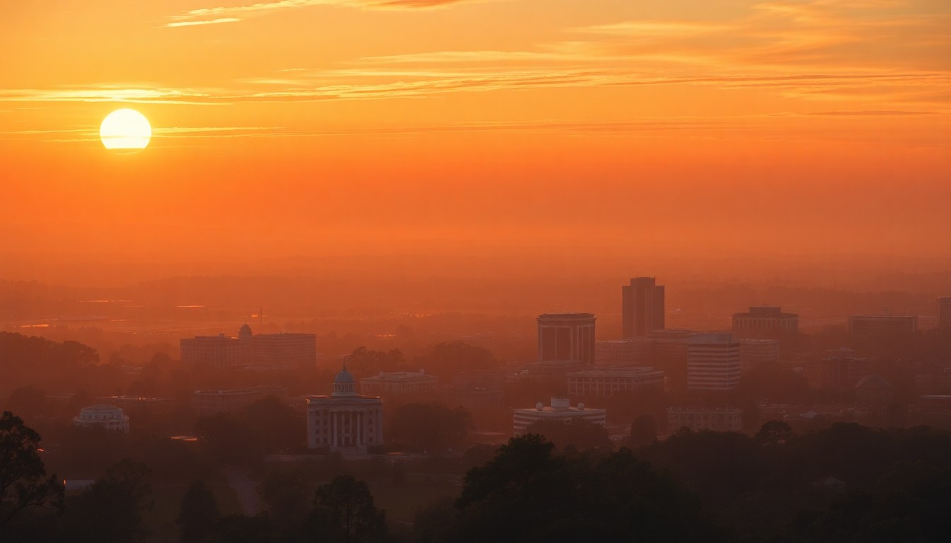 A sweeping, atmospheric landscape painting depicting the Tallahassee skyline bathed in a warm, golden-orange glow as the sun sets, conveying the changing weather conditions of the day.