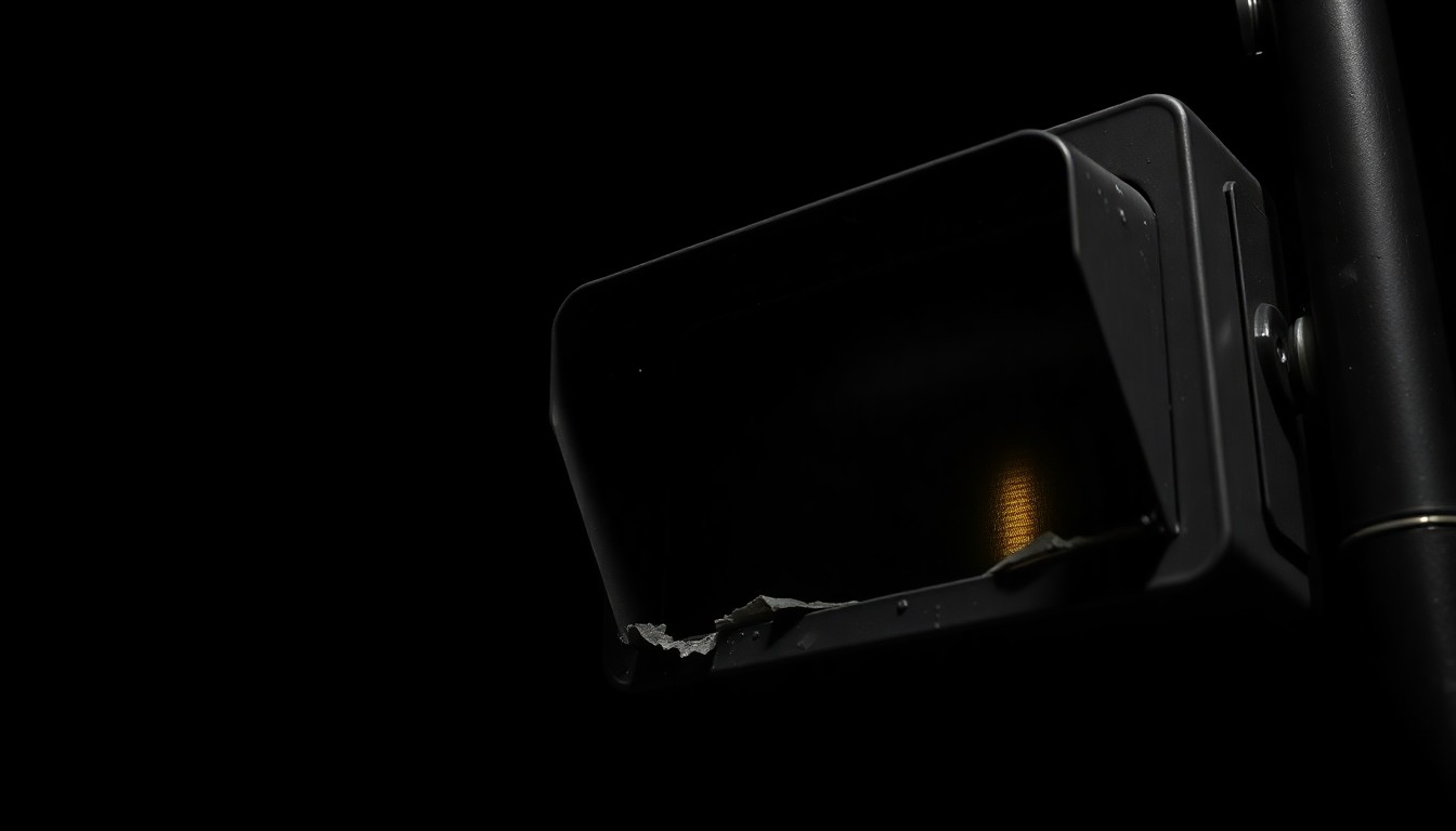 An extreme close-up photograph of a cracked and damaged light rail crossing signal arm, conceptually illustrating the aftermath of a collision between a train and a vehicle that failed to obey safety signals.