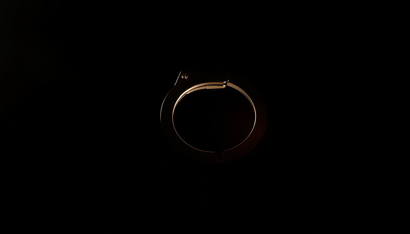 An extreme close-up photograph of a single handcuff, lit by a harsh, direct camera flash against a pitch-black background, conceptually illustrating the arrest and investigation of a high-profile criminal case.