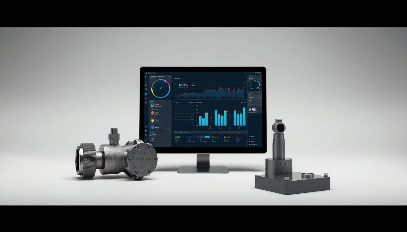 A photorealistic studio still life featuring a sleek, modern water flow sensor and accompanying analytics software display, arranged elegantly on a clean, monochromatic background to conceptually represent Badger Meter's advanced sewer monitoring technology.