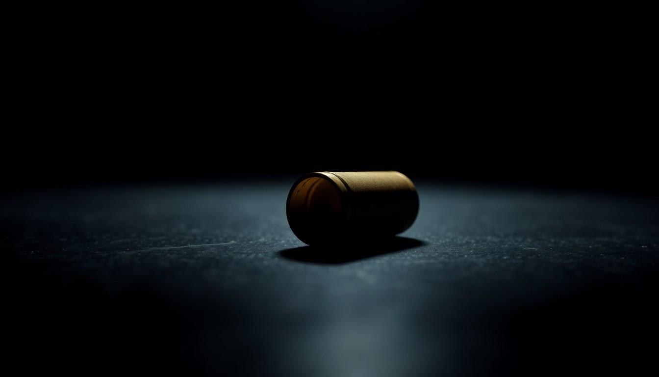 An extreme close-up photograph of a single shell casing on a dark surface, lit by a harsh, direct camera flash, conceptually illustrating the aftermath of a fatal shooting incident.