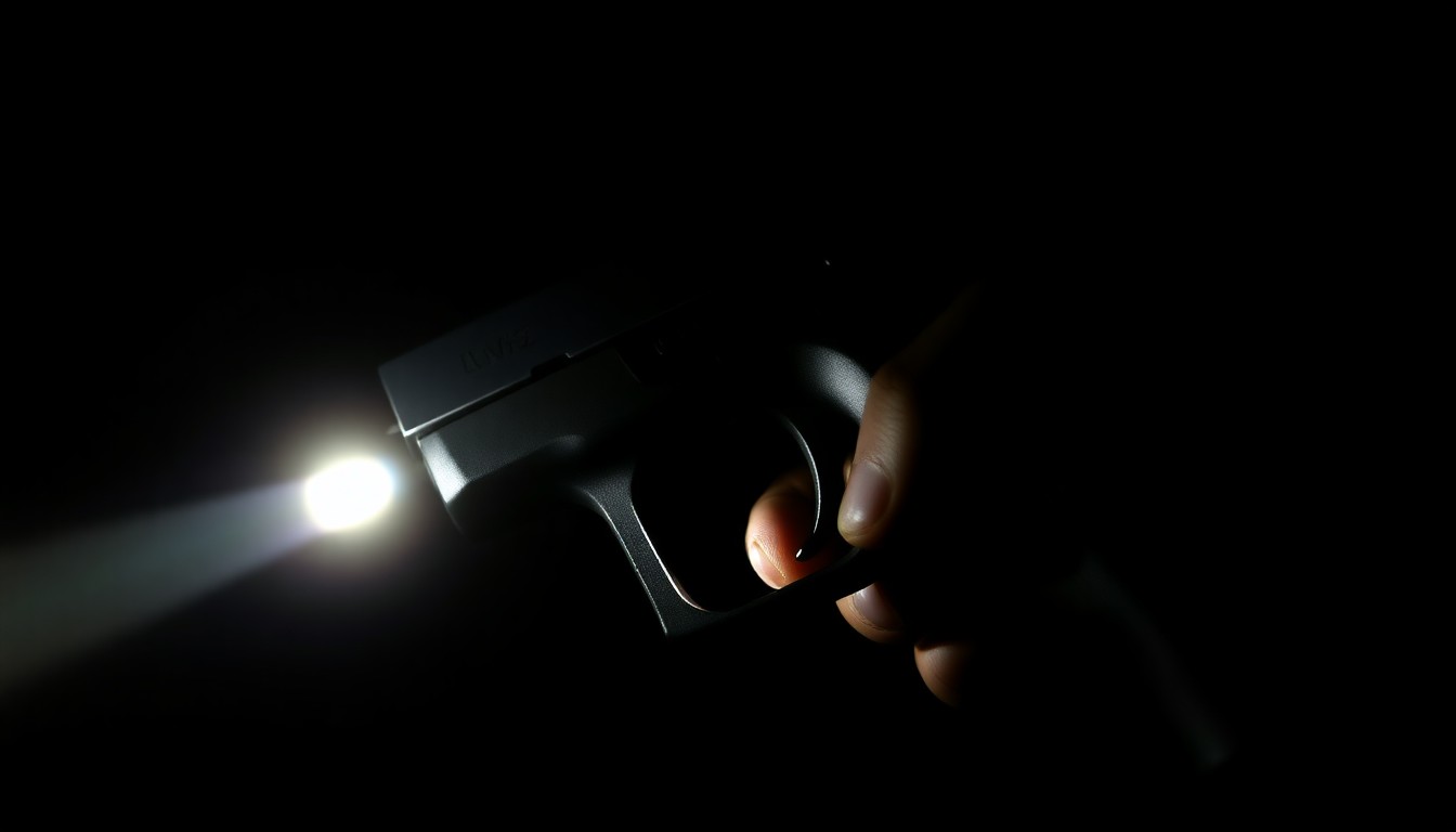 An extreme close-up photograph of a handgun trigger and grip, lit by a harsh, direct camera flash against a pitch-black background, conceptually representing the serious and investigative nature of the charges against the federal agent.