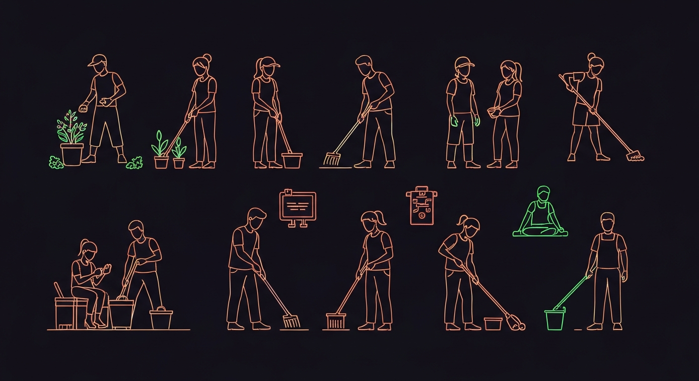 A vibrant neon outline illustration depicting people engaged in various volunteer activities, conceptually representing the focus of the new community wellness center.