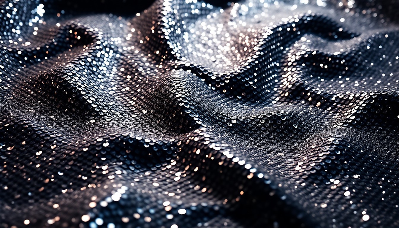 An extreme macro photograph of shimmering, reflective sequins in dramatic studio lighting, conceptually representing the glamour and celebrity culture surrounding reality TV relationships.