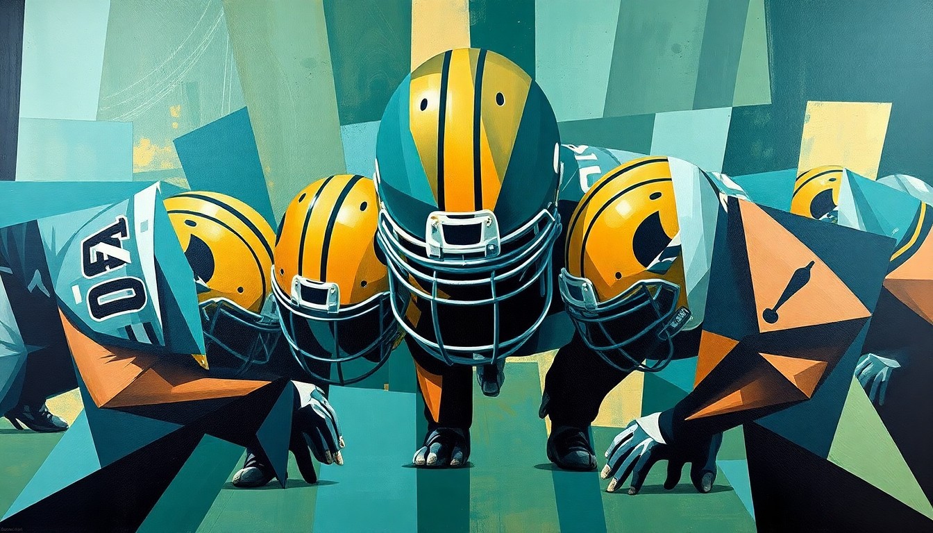 A cubist, geometric painting depicting the overlapping, fragmented forms of a football defensive line, rendered in shades of teal, gold, and black to represent the colors of the Jacksonville Jaguars.