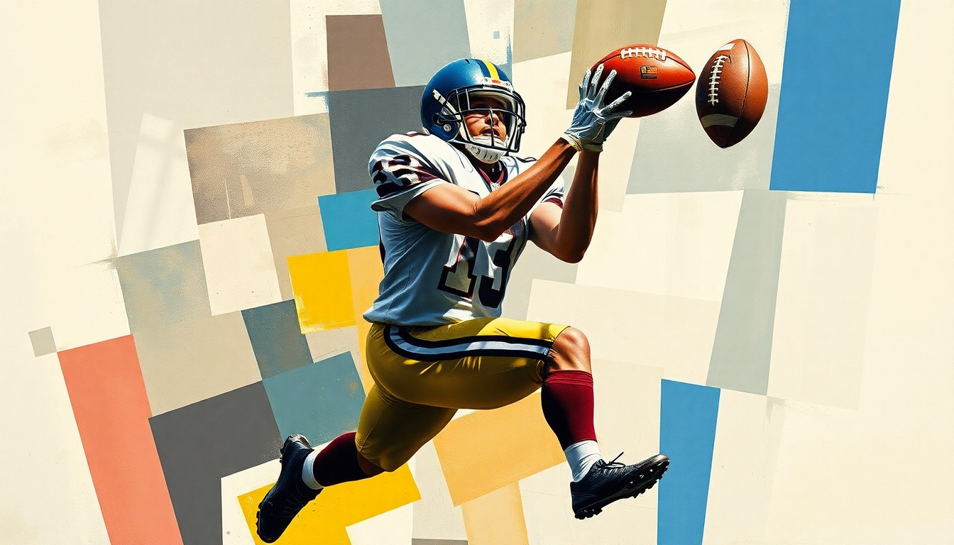 A cubist-style painting depicting a football player making a catch, with the figure broken down into sharp, overlapping geometric shapes and planes in a range of blues, greens, and browns, conveying the dynamic motion and energy of the play.