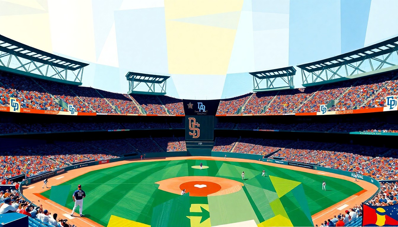 A fractured, cubist-style painting depicting a baseball game, with the players and field broken down into sharp, overlapping geometric shapes in the Padres' team colors and those of their opponent.