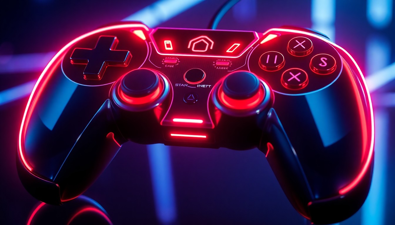 A close-up, highly detailed 3D illustration of a futuristic game controller with glowing neon blue and purple lights, conveying the advanced technology powering the Starfield gaming experience.