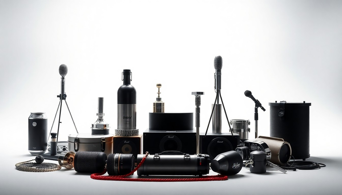 A high-end, photorealistic studio still-life photograph featuring a collection of premium, polished objects such as a microphone, a sound mixer, and a set of event credentials, arranged elegantly on a clean, monochromatic background to conceptually represent the scale and coordination of a large-scale concert event.