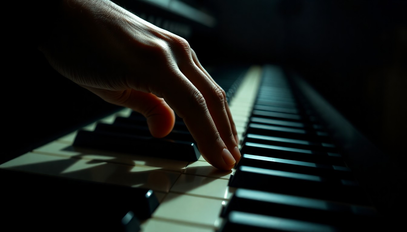 An extreme close-up of a pianist's left hand gracefully playing piano keys, conveying the intense focus and artistry of a one-handed performance.