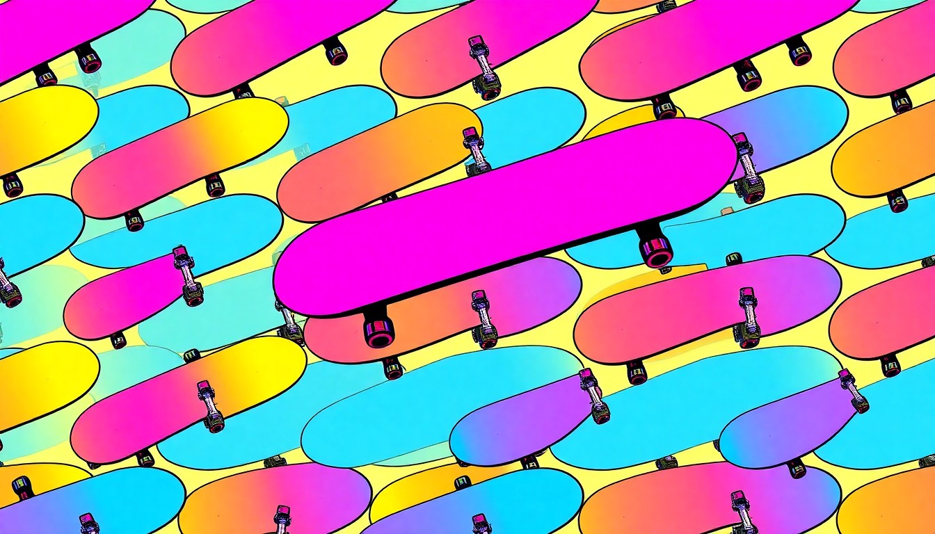 A vibrant, high-contrast silkscreen print featuring a repeated pattern of a skateboard in neon blue, pink, and yellow, capturing the energy and excitement of the new skate park coming to Amanda's Field.