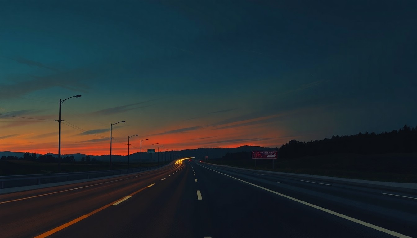 A serene, photorealistic painting of an empty highway at dusk, with warm light and deep shadows creating a contemplative, cinematic mood that evokes the political tensions surrounding federal transportation funding.