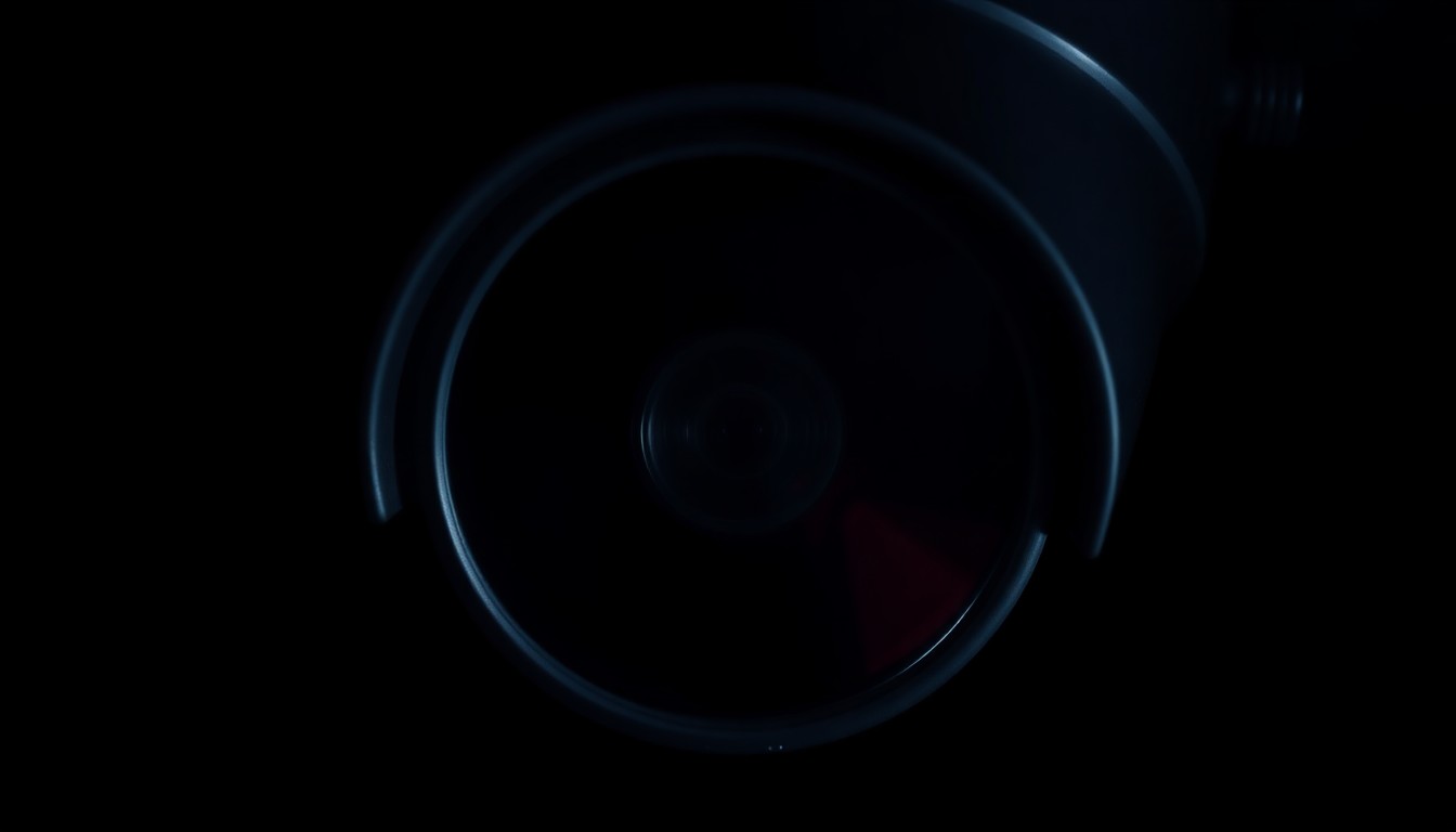 An extreme close-up photograph of a security camera lens against a pitch-black background, lit by a harsh, direct camera flash, conceptually representing the increased surveillance and security measures at the Promenade shopping center.
