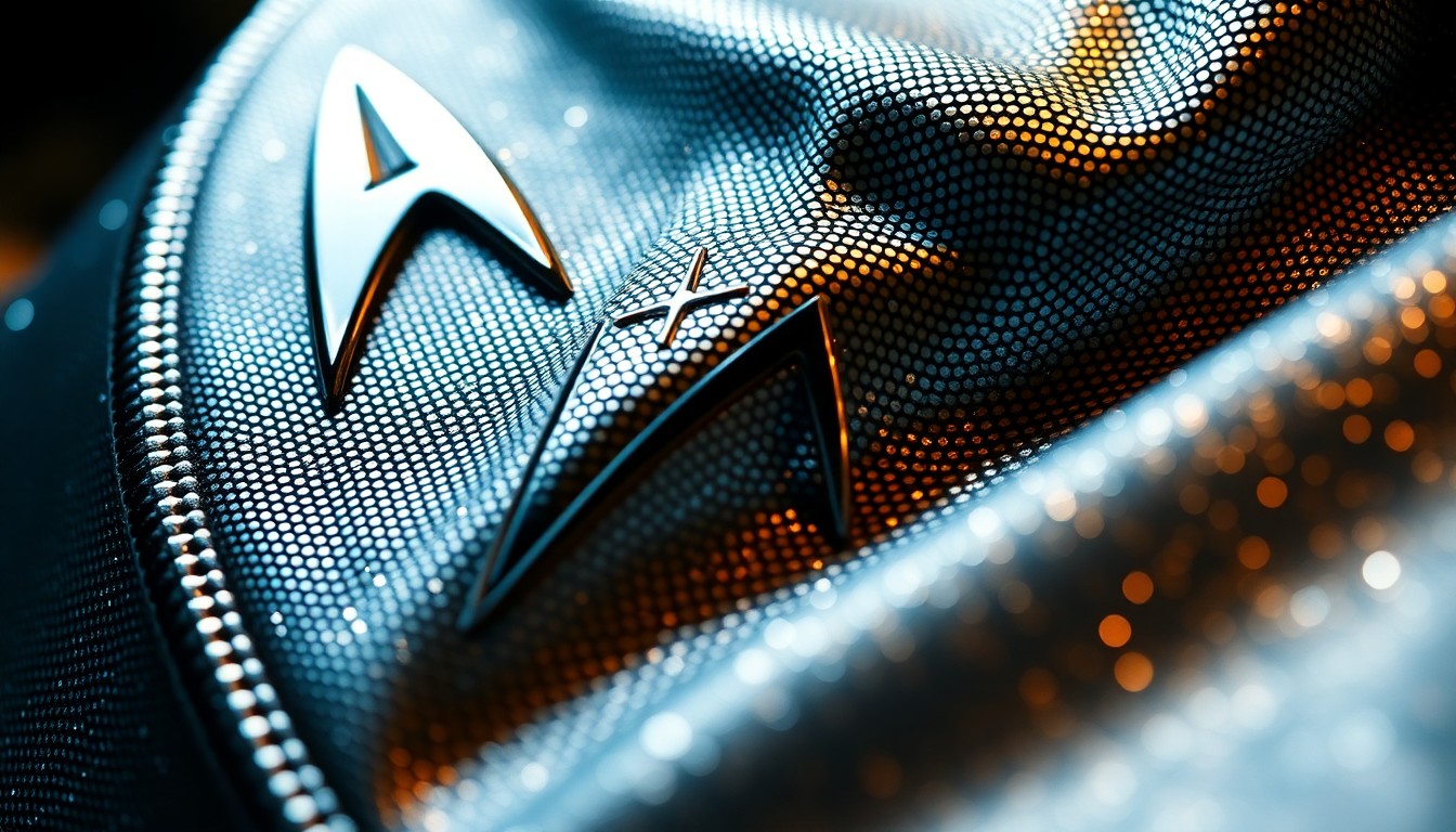 An extreme close-up of a shimmering, metallic Starfleet insignia, its intricate details and textures captured in dramatic high-contrast lighting, conceptually representing the rare memorabilia from the Star Trek: Discovery series up for auction.