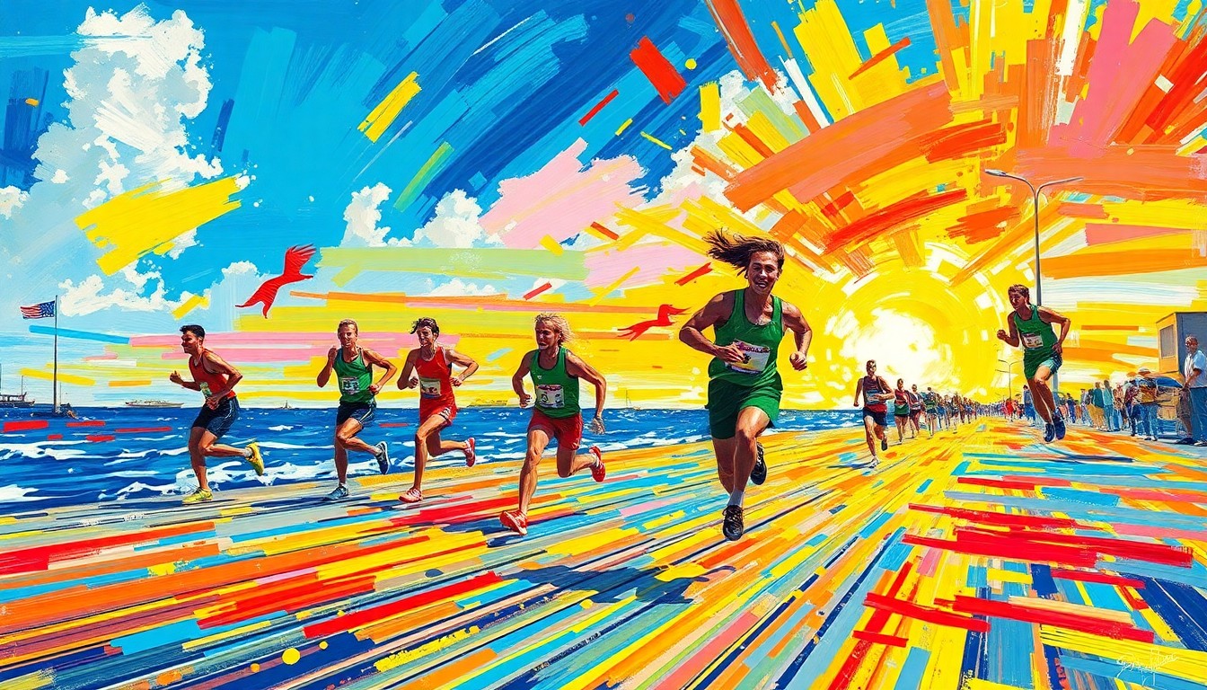 A vibrant, expressionist painting in neon colors depicting runners racing along the Rockaway boardwalk, their forms blurred into dynamic, energetic brushstrokes.