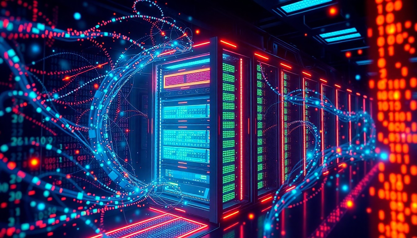 A highly detailed, glowing 3D illustration of a futuristic, neon-lit data center server rack, with pulsing cables and circuits. The rack is surrounded by a swirling cloud of binary code and digital particles, conceptually representing the complex interplay between AI, code generation, and cybersecurity.