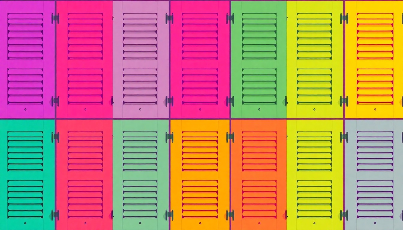 A vibrant, high-contrast silkscreen grid of a single plantation shutter design, rendered in a bold, neon color palette that transforms this everyday home decor item into a modern pop art statement.