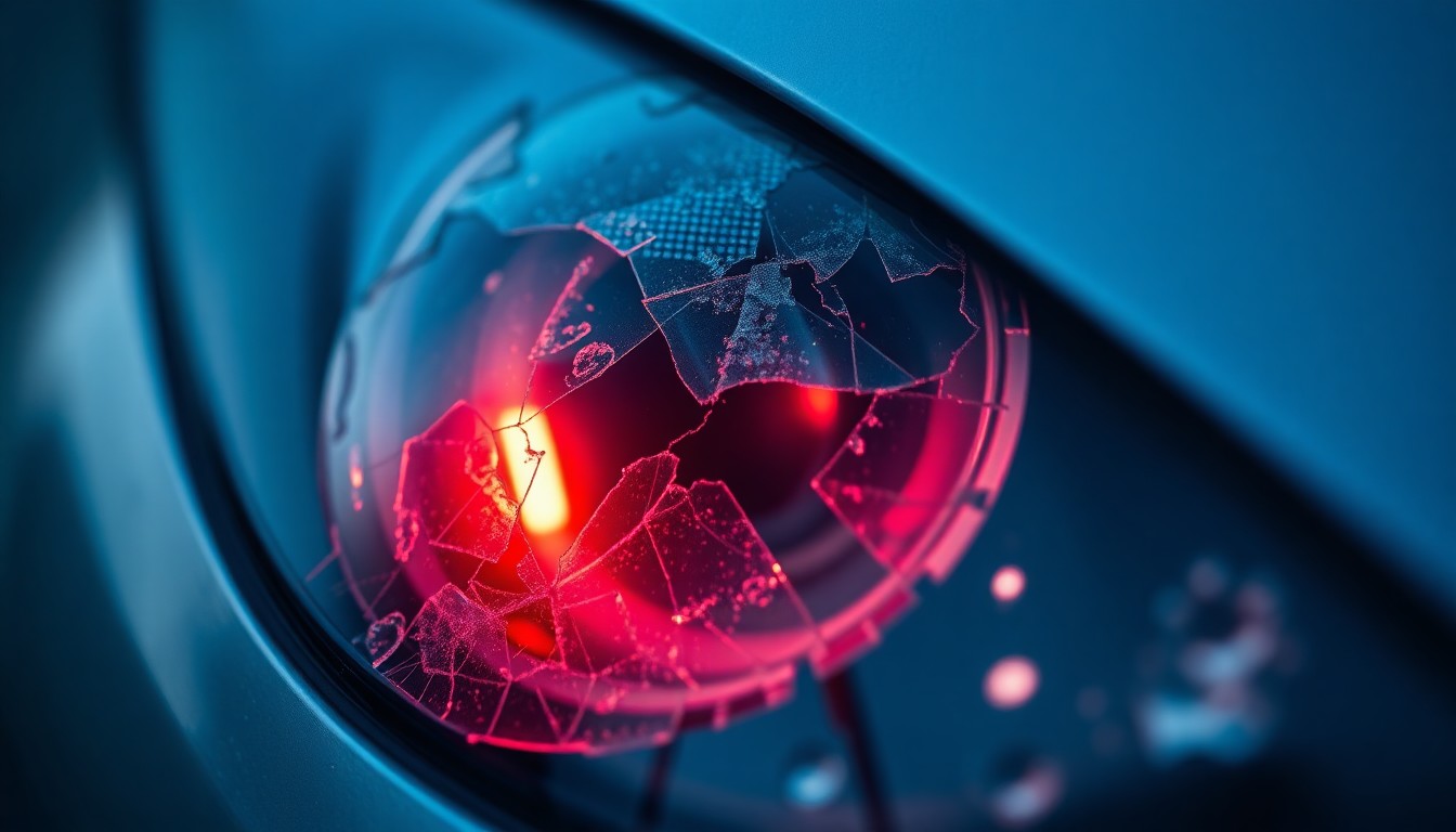 An extreme close-up of a shattered car sensor lens reflecting a faint red light, conceptually illustrating the vandalism of self-driving cars.
