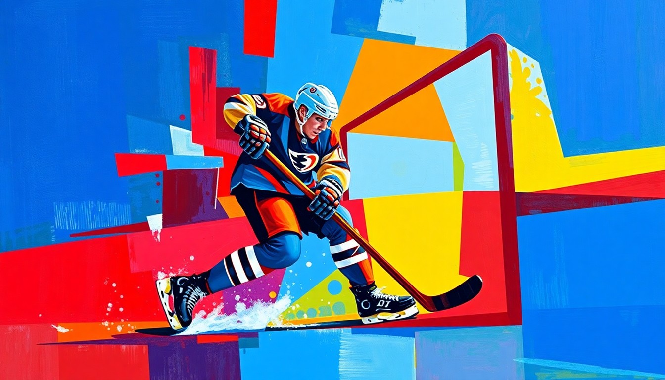 A fragmented, geometric painting in bold primary colors depicting a hockey player scoring a goal, the scene broken down into sharp, overlapping planes to create a dynamic, abstract composition.