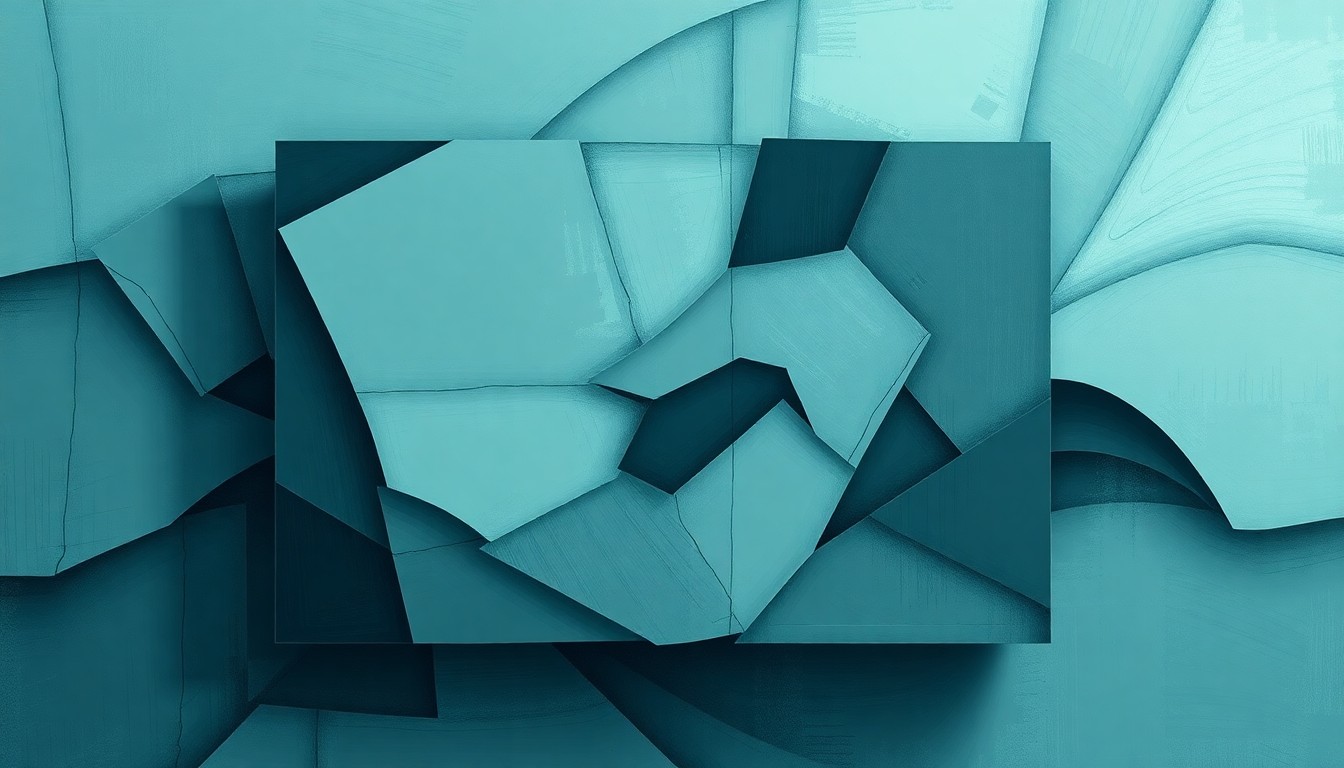 A fractured, abstract painting in muted blues, grays, and greens, depicting an AI-powered device or system in an overlapping, geometric style, conceptually representing the complex and unsettling issues surrounding the rapid advancement of artificial intelligence technology.