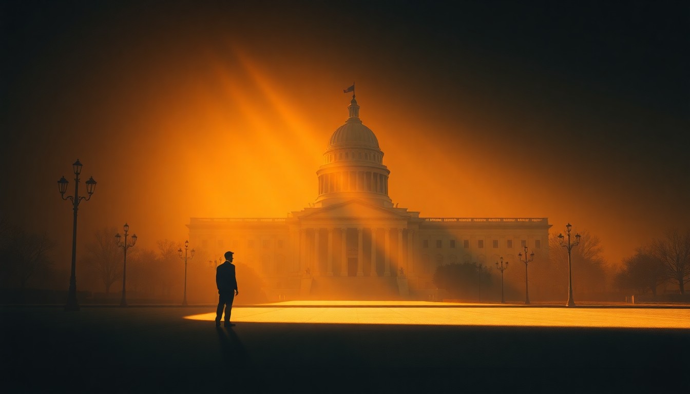 A dimly lit, cinematic painting of an empty government office or political meeting room, with warm sunlight streaming in through the windows and deep shadows obscuring much of the scene, conveying a sense of melancholy and disillusionment.