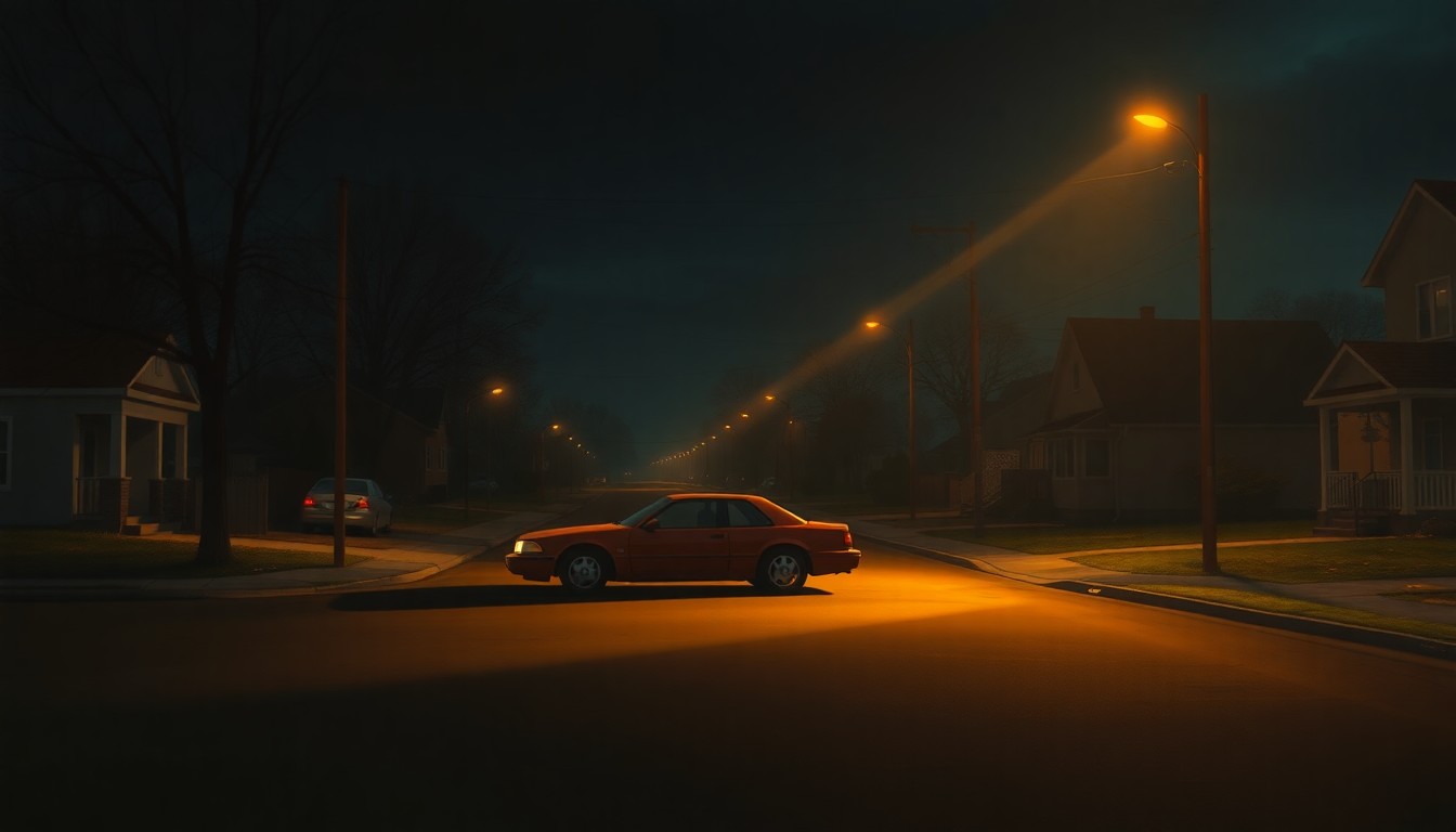 A photorealistic painting of a lone car parked on a dimly lit suburban street, with warm sunlight casting deep shadows across the scene, creating a contemplative and melancholic mood.