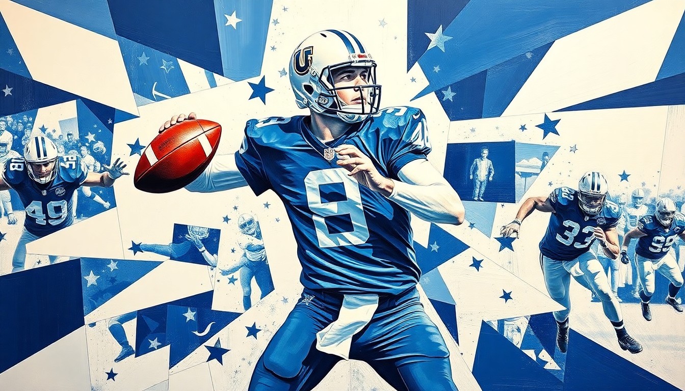 A cubist, geometric painting depicting a college football quarterback in motion, with sharp, overlapping planes of navy blue and white representing the dynamic energy and high-pressure environment of Penn State football.