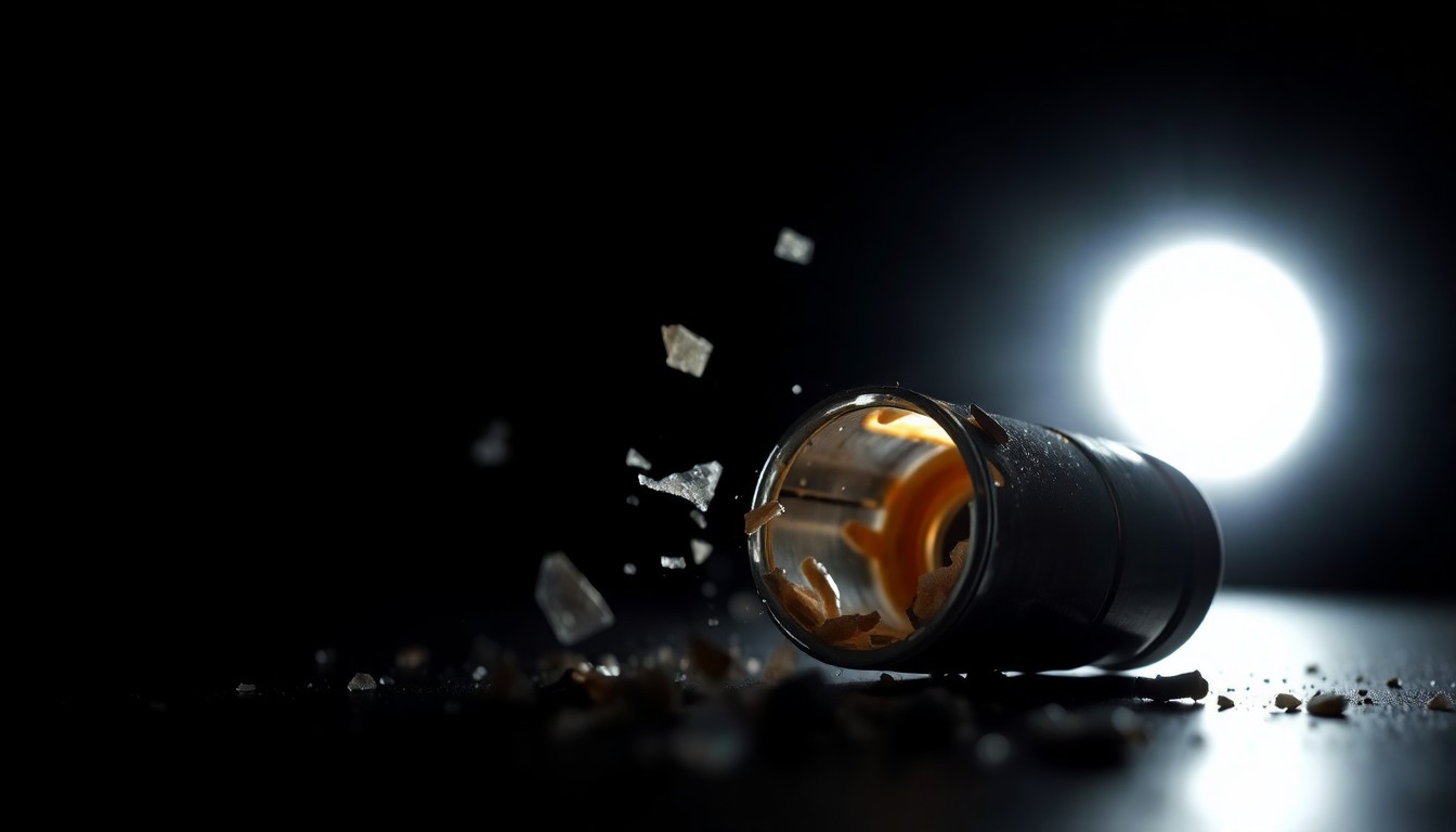 An extreme close-up photograph of a shattered plastic projectile casing against a pitch-black background, capturing the harsh, gritty details of the object to conceptually illustrate the violence of less-lethal crowd control tactics.