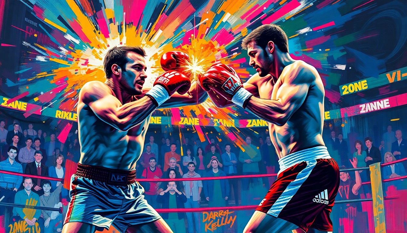 An abstract, neon-colored painting depicting the explosive moment of Jay Jay Wilson's knockout punch landing on Darragh Kelly's face, with the fighters' bodies and the arena crowd dissolving into a vibrant, energetic blur.