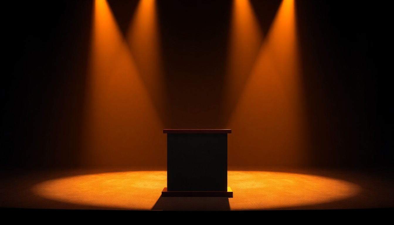 A solitary, empty podium on a dimly lit stage, with warm, diagonal sunlight and deep shadows, conveying a sense of political drama and uncertainty.