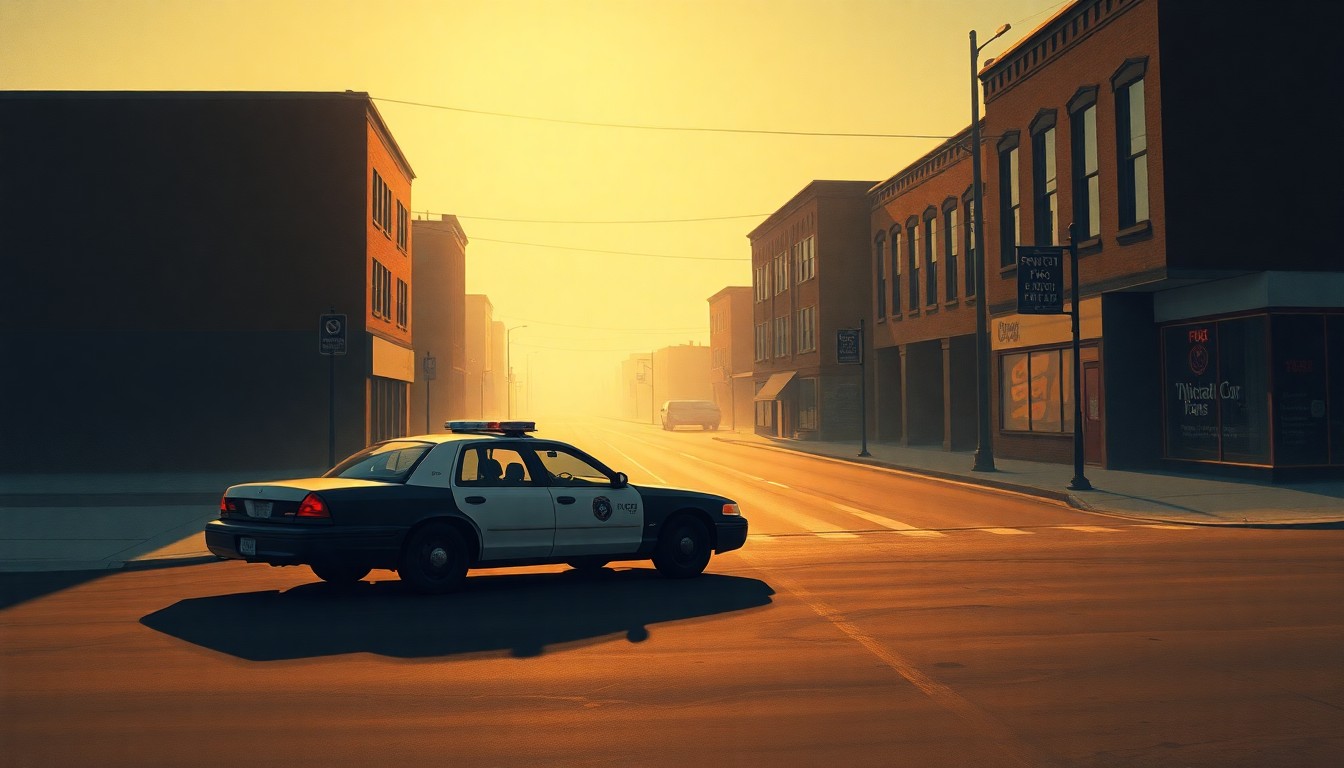 A photorealistic painting of a solitary police cruiser parked on a quiet Fargo street, with warm sunlight casting long shadows across the pavement, conveying a sense of nostalgia and contemplation around the future of the city's law enforcement.